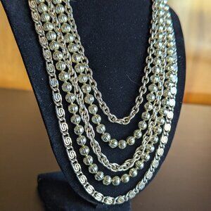 Vintage Coro Statement Necklace – 5-Strand Silver Tone Beaded & Chain Layered Co